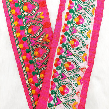 Deep Pink Fabric Trim With Green, Fuchsia Pink, Red And Orange Embroidery and Gold Sequins
